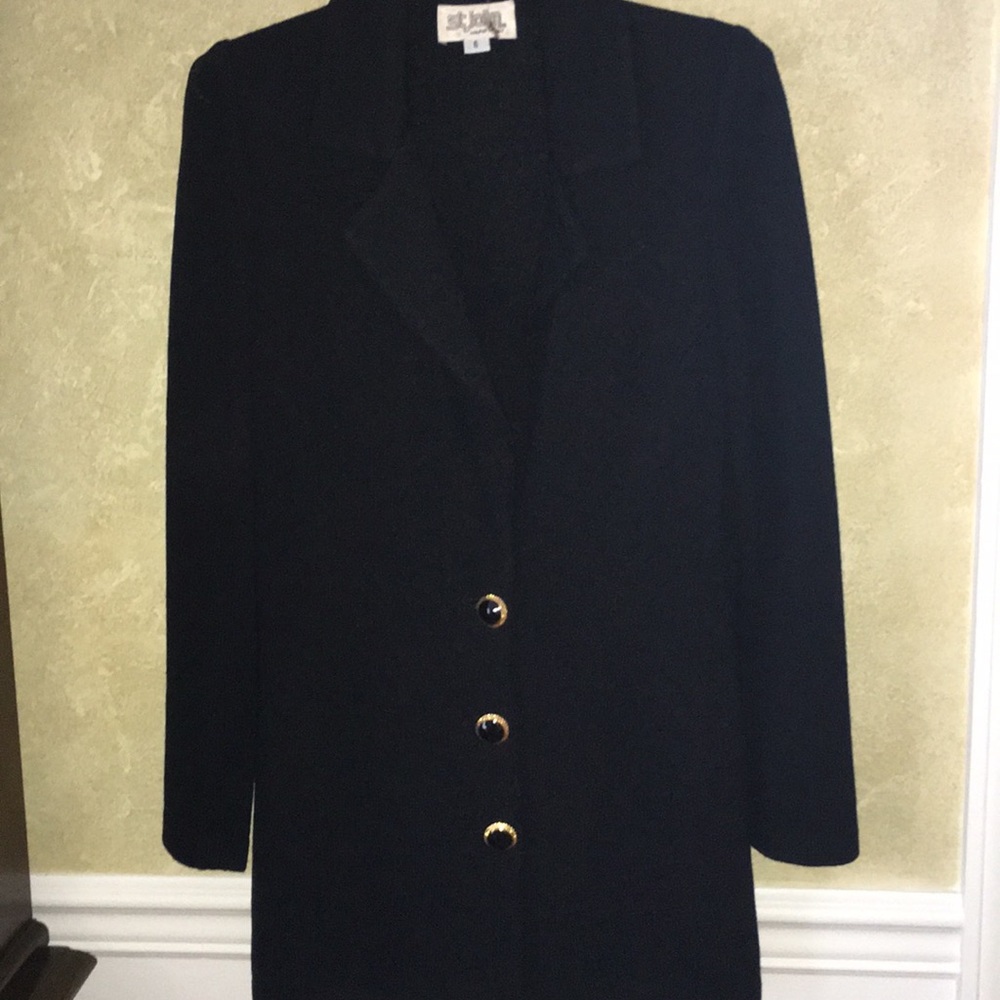 St. John Black Knit Skirt Suit Jacket with Gold Buttons